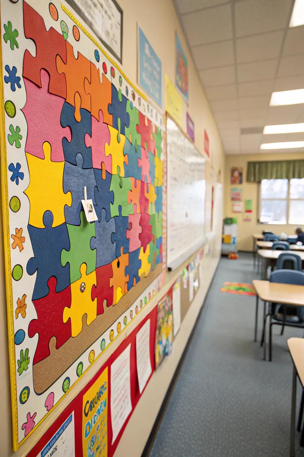 Puzzle-themed board promoting unity, teamwork, and a sense of belonging.