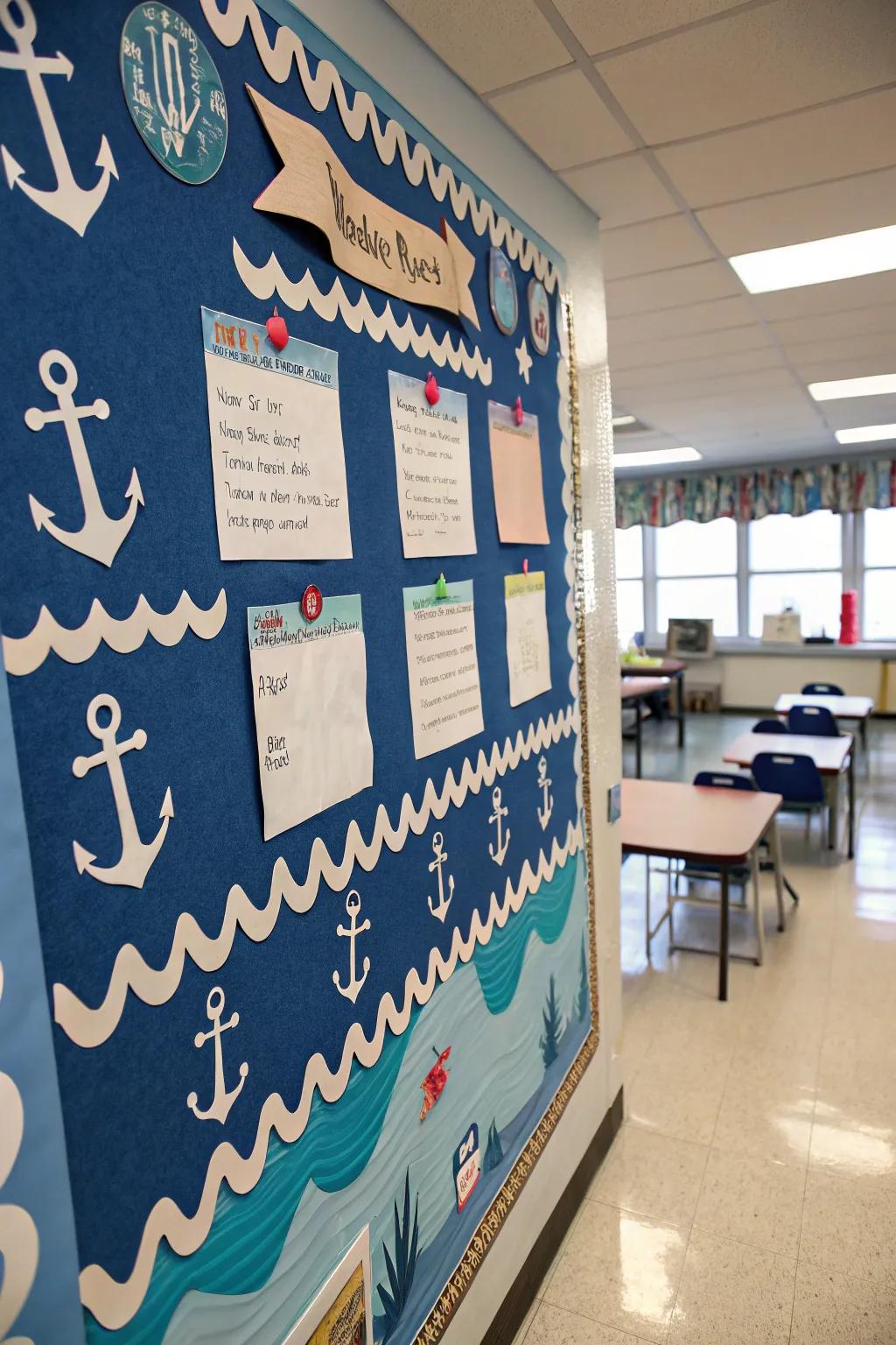 Nautical-themed bulletin board welcoming students aboard a voyage of learning.