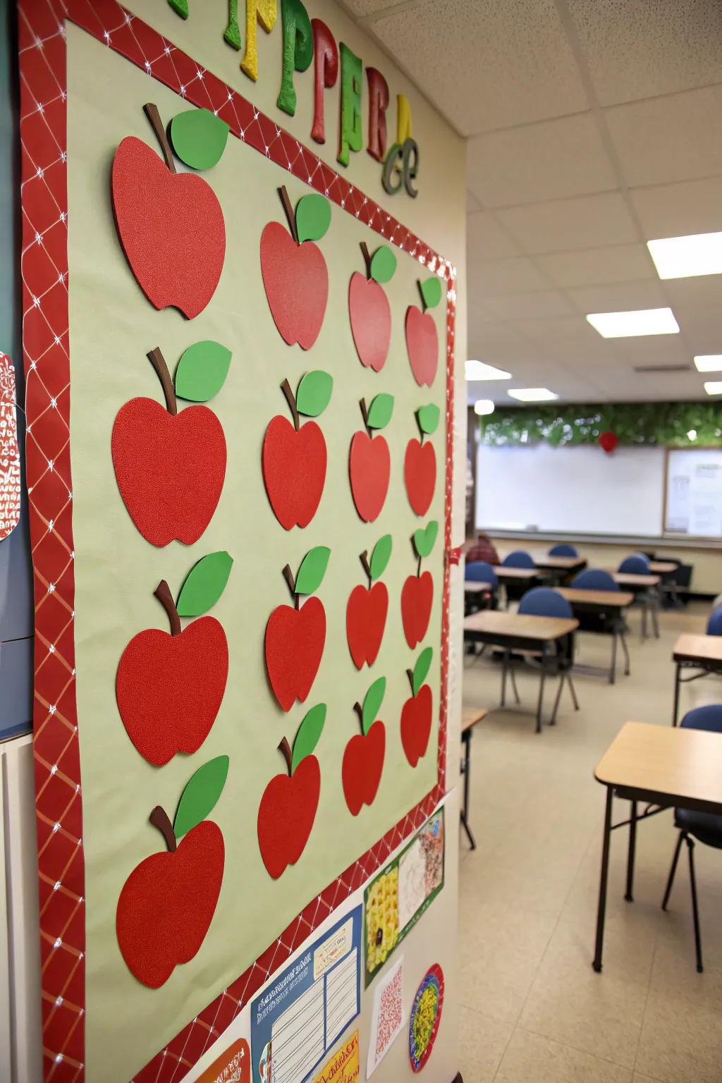 Apple-themed board celebrating the beginning of a new school year.
