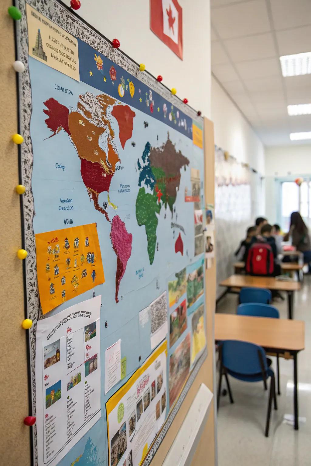 World map-themed board inviting students to explore new cultures and lands.