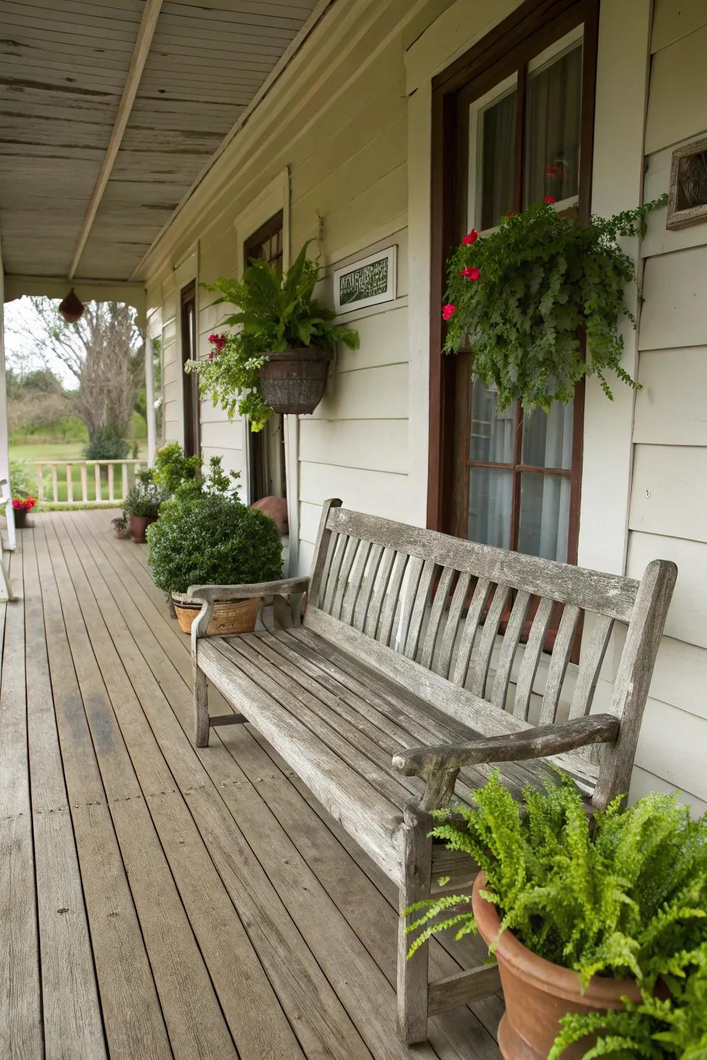 A classic wood bench gives rustic charm to this porch.