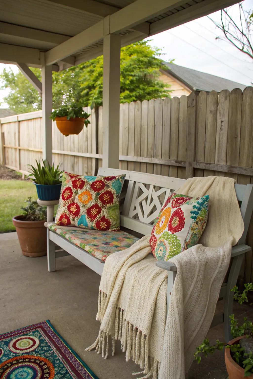 Vibrant cushions and a cozy throw make this bench inviting.