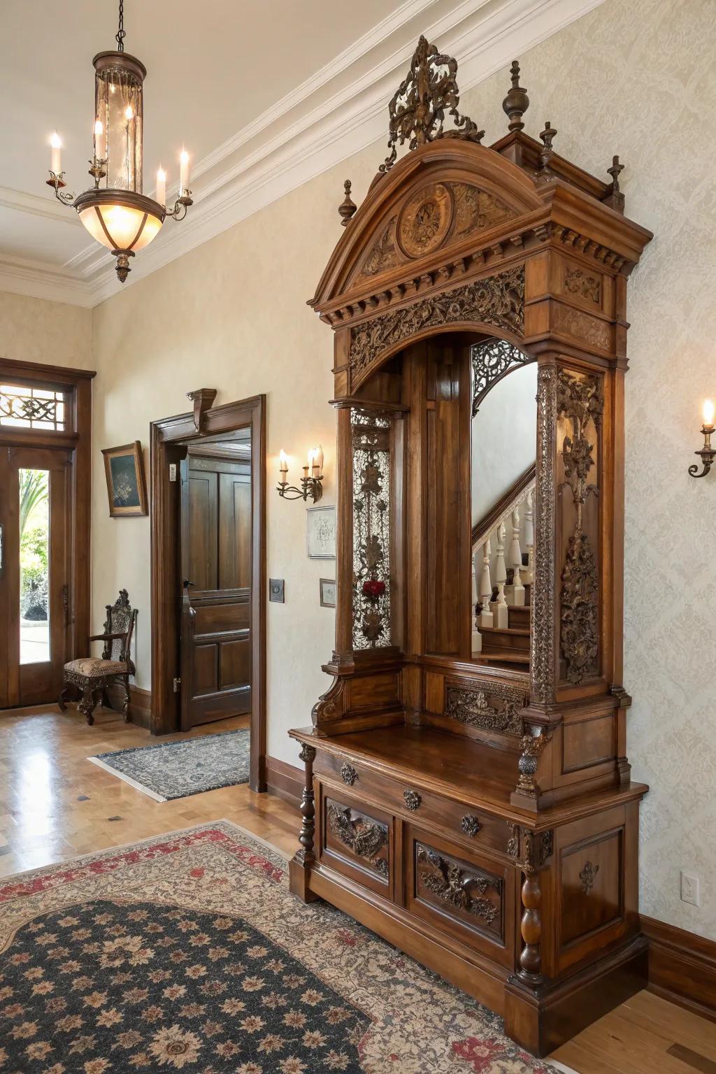 Design a captivating entryway with an antique hall tree.