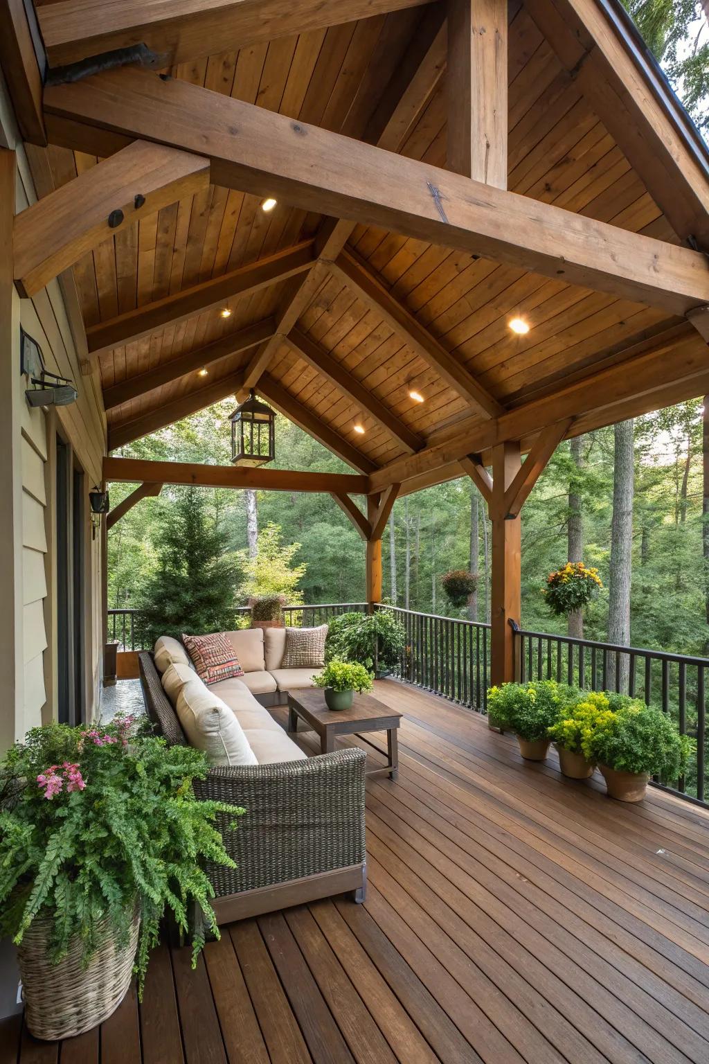 A peaked roof transforms a deck into a delightful and practical space.