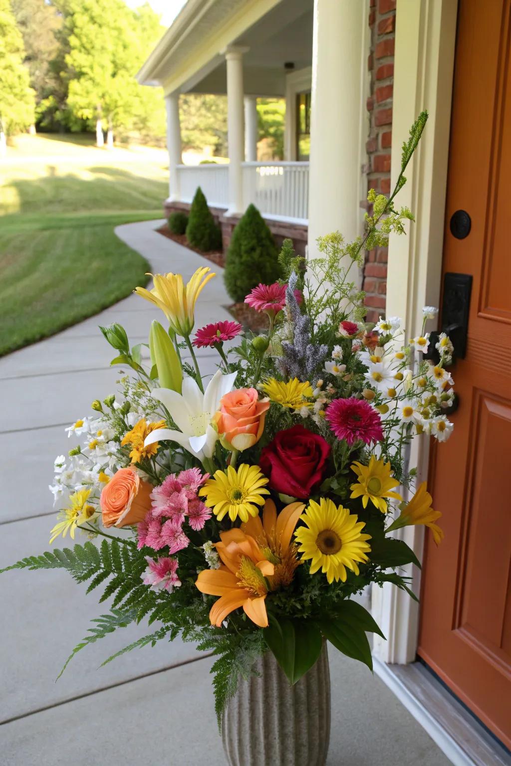 A vibrant floral display extends a warm welcome to guests at the front entrance.