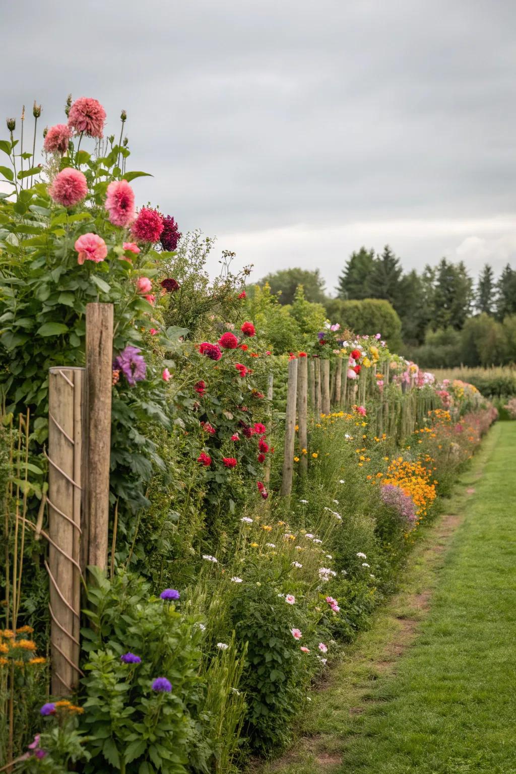 Tall flowering plants create a natural screen in the garden.