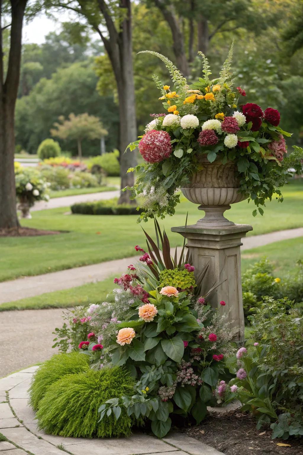 Floral arrangements blend seamlessly into the garden's backdrop.