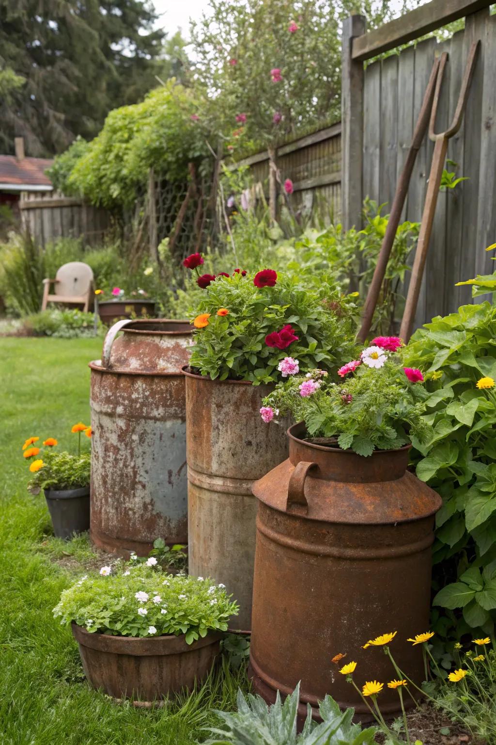 Vintage receptacles add a nostalgic charm to the garden.
