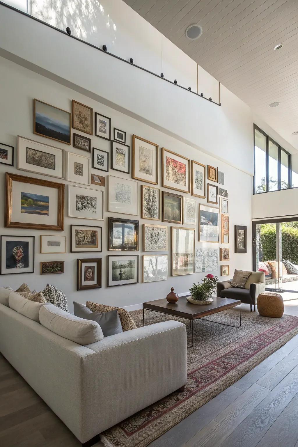 A gallery wall with diverse frames creates a captivating display.