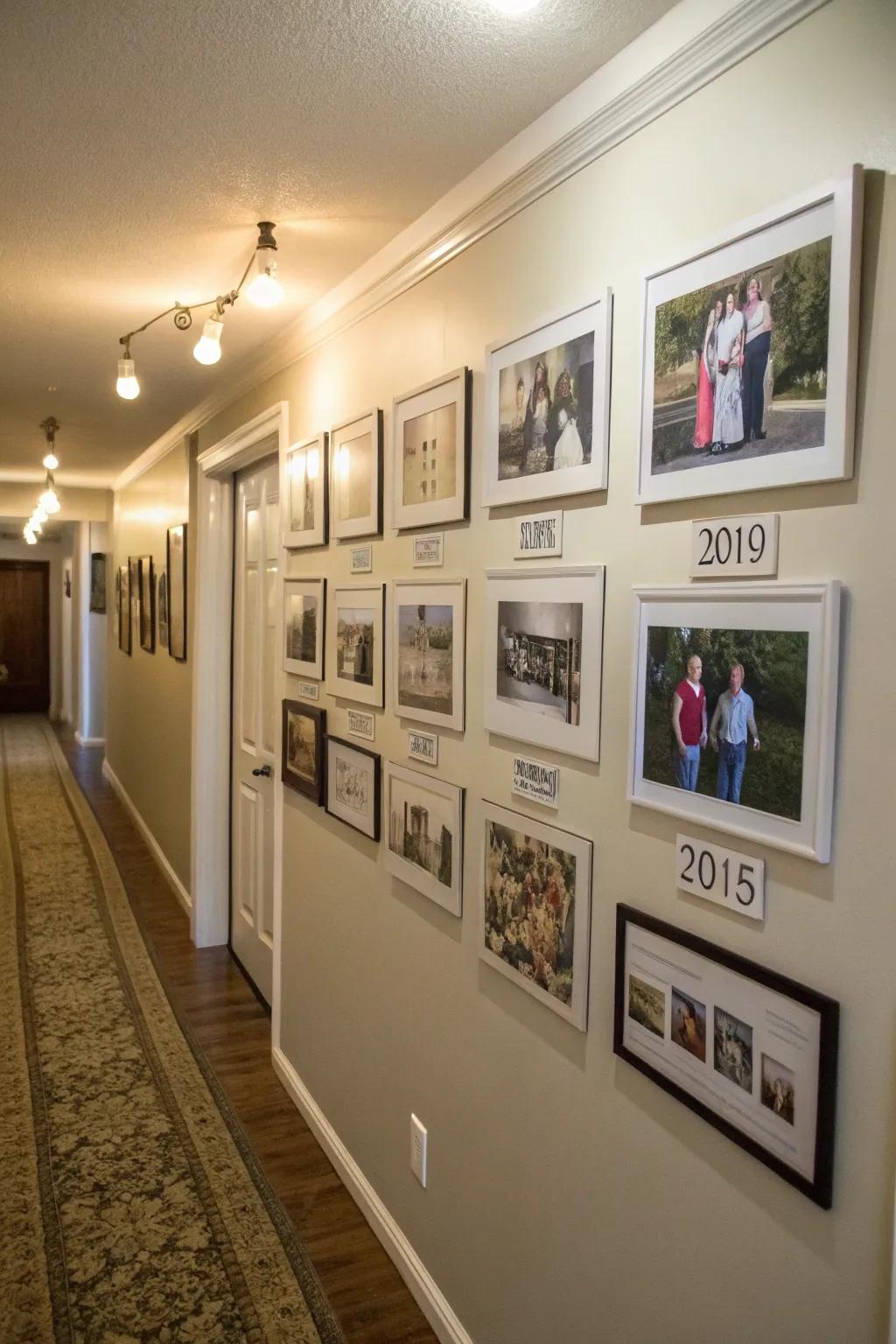 A timeline of family memories displayed on the wall.