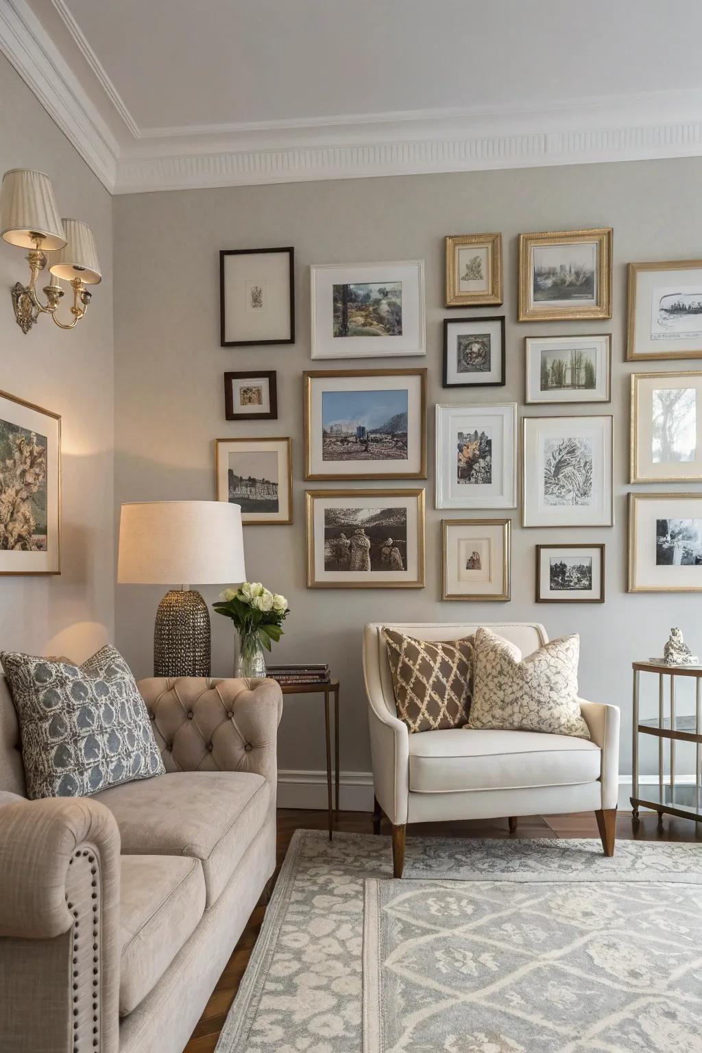 Color-coordinated frames enhance room harmony.