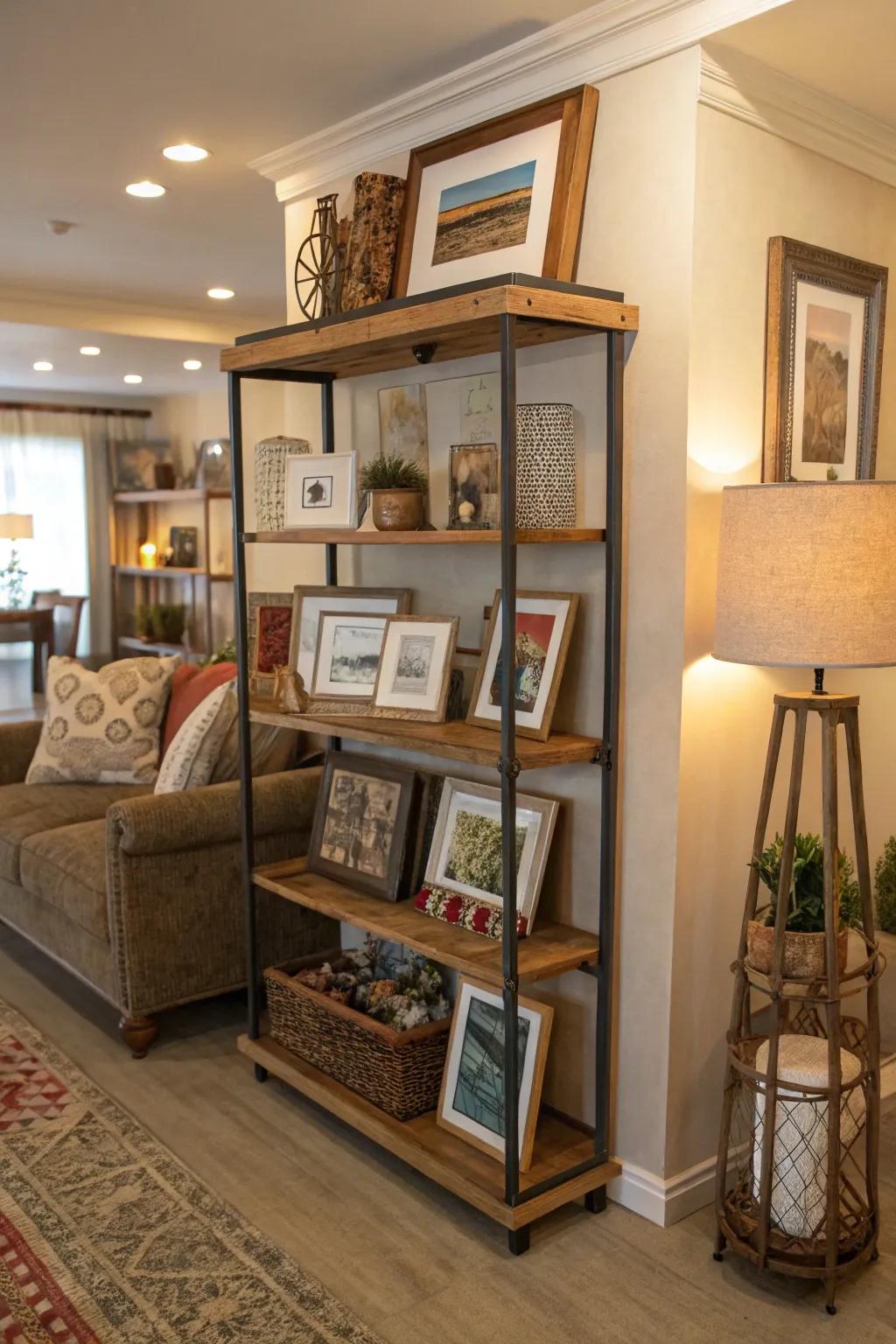 Gallery shelves provide versatile display options.