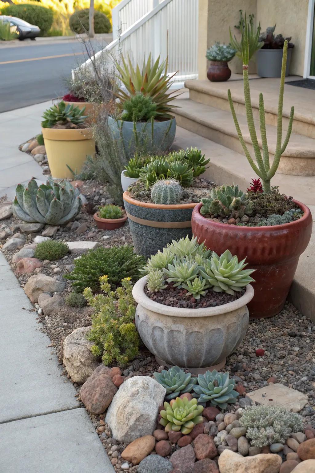 Container-grown succulents offer versatility and charm in xeriscapes.
