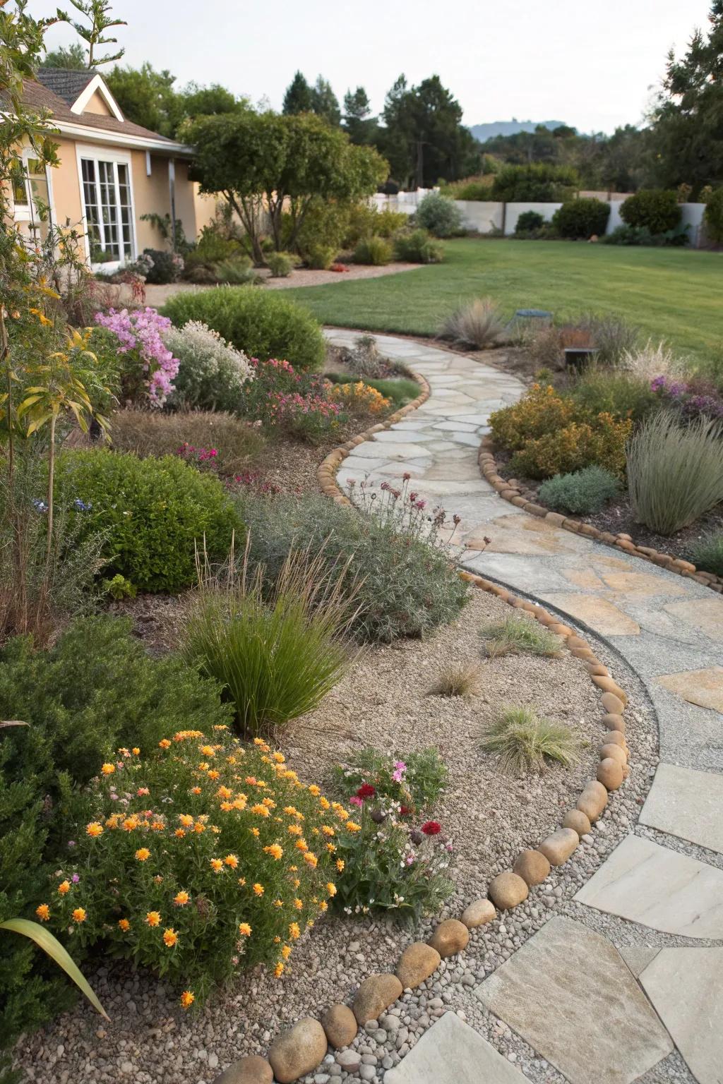 Gravel and stone pathways bring structure and sophistication to a xeriscape garden.