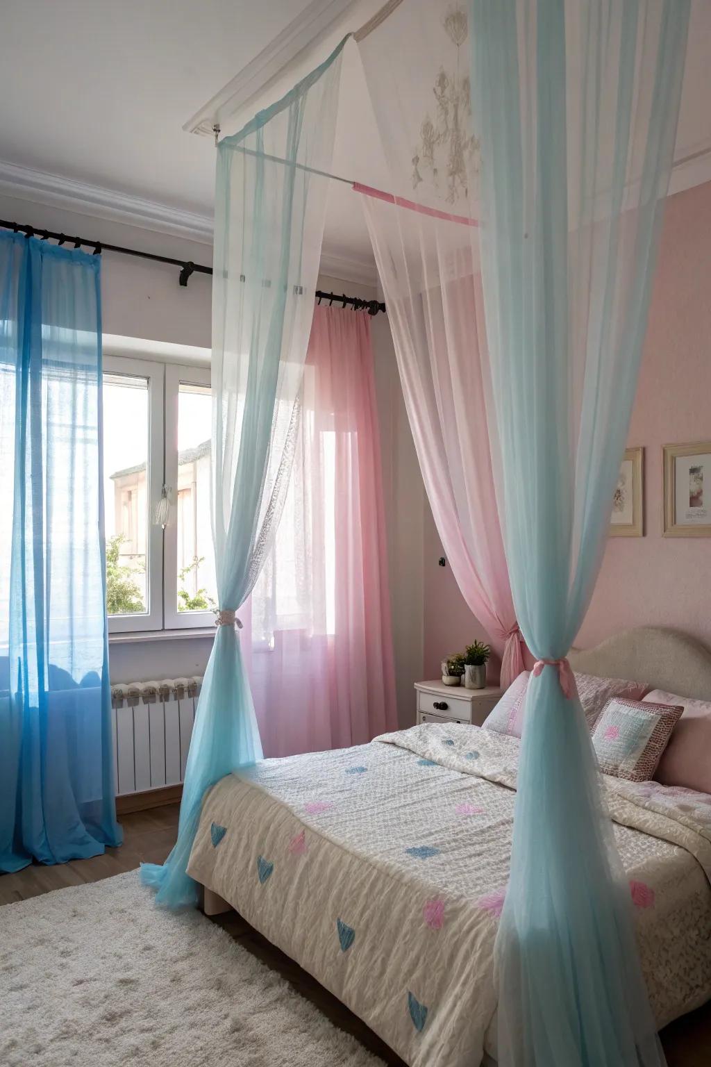 Delicate curtains add softness and allow light to enhance the room.