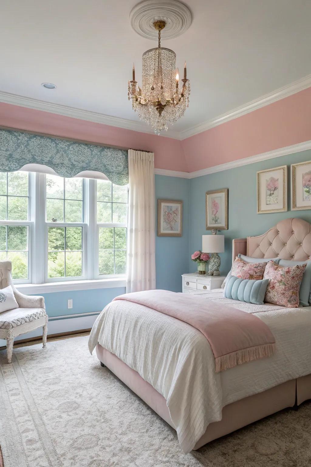Pastel walls create a comforting and welcoming ambiance in the bedroom.