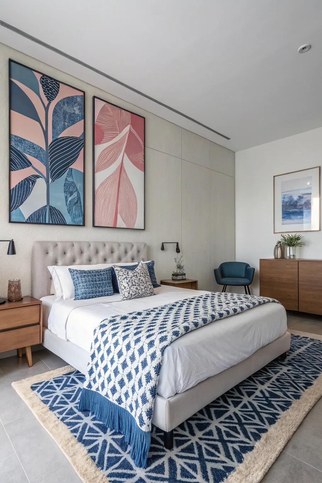 Artwork in blue and pink acts as a lively focal point.