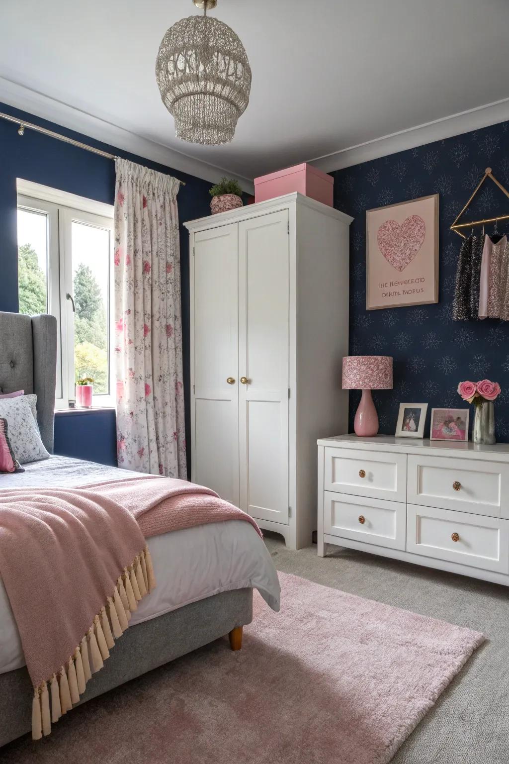 A deep blue accent wall provides depth, beautifully contrasted by soft pink accents.