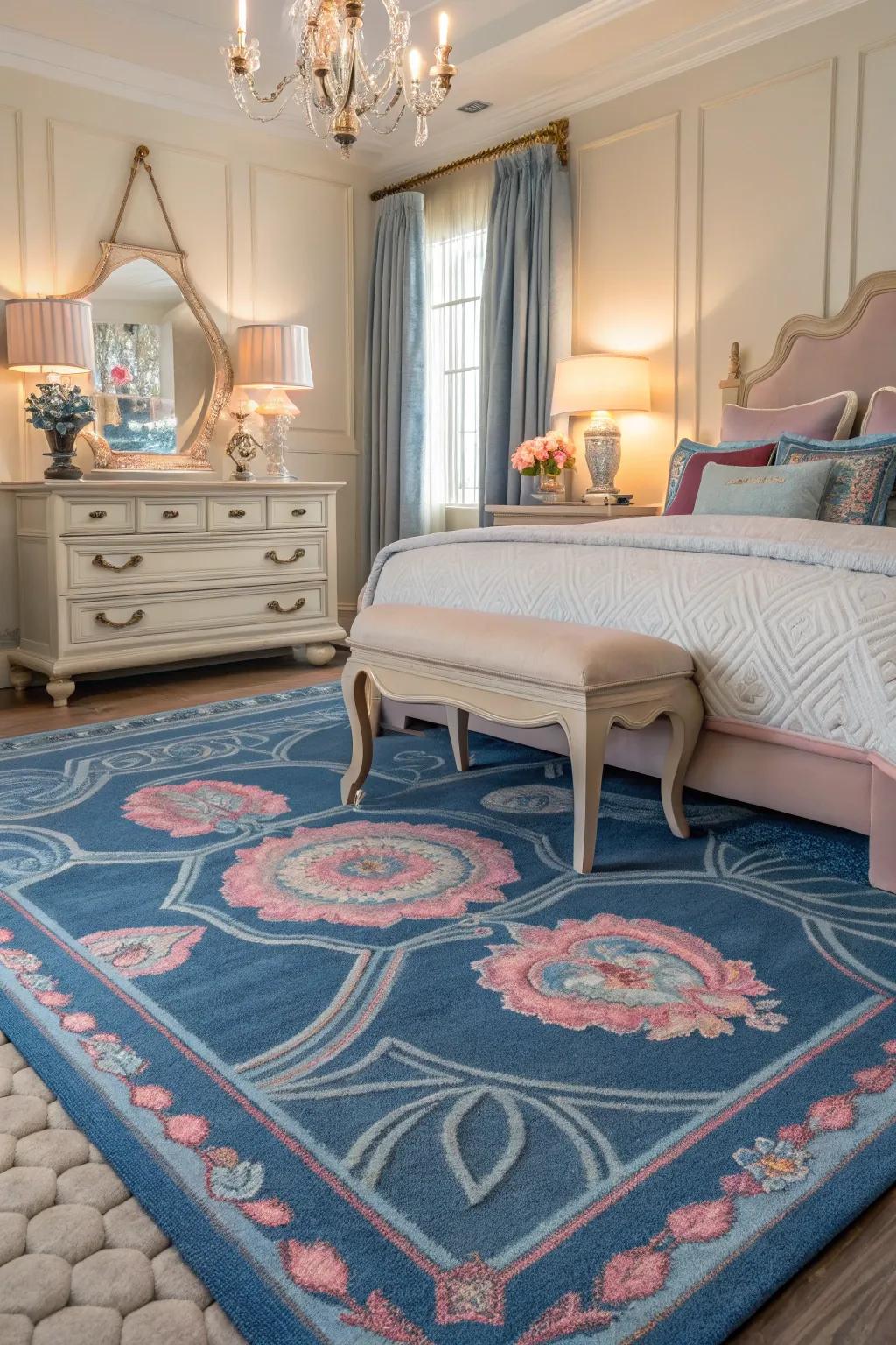 A patterned rug unifies the room with its color and texture.