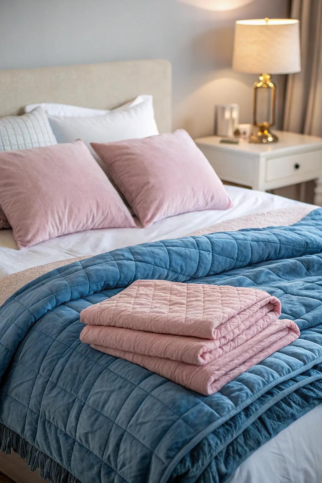 Textured bedding in blue and pink enriches the bedroom's comfort and style.