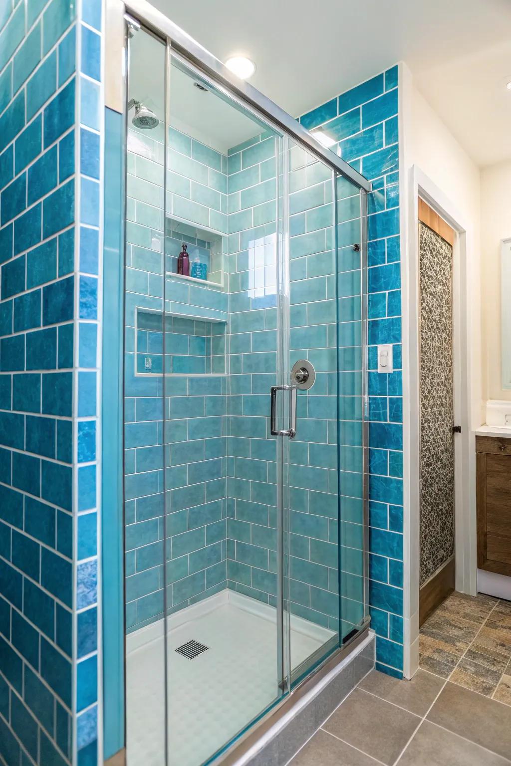 Brilliant azure tiles deliver a revitalizing coastal ambiance to your shower.