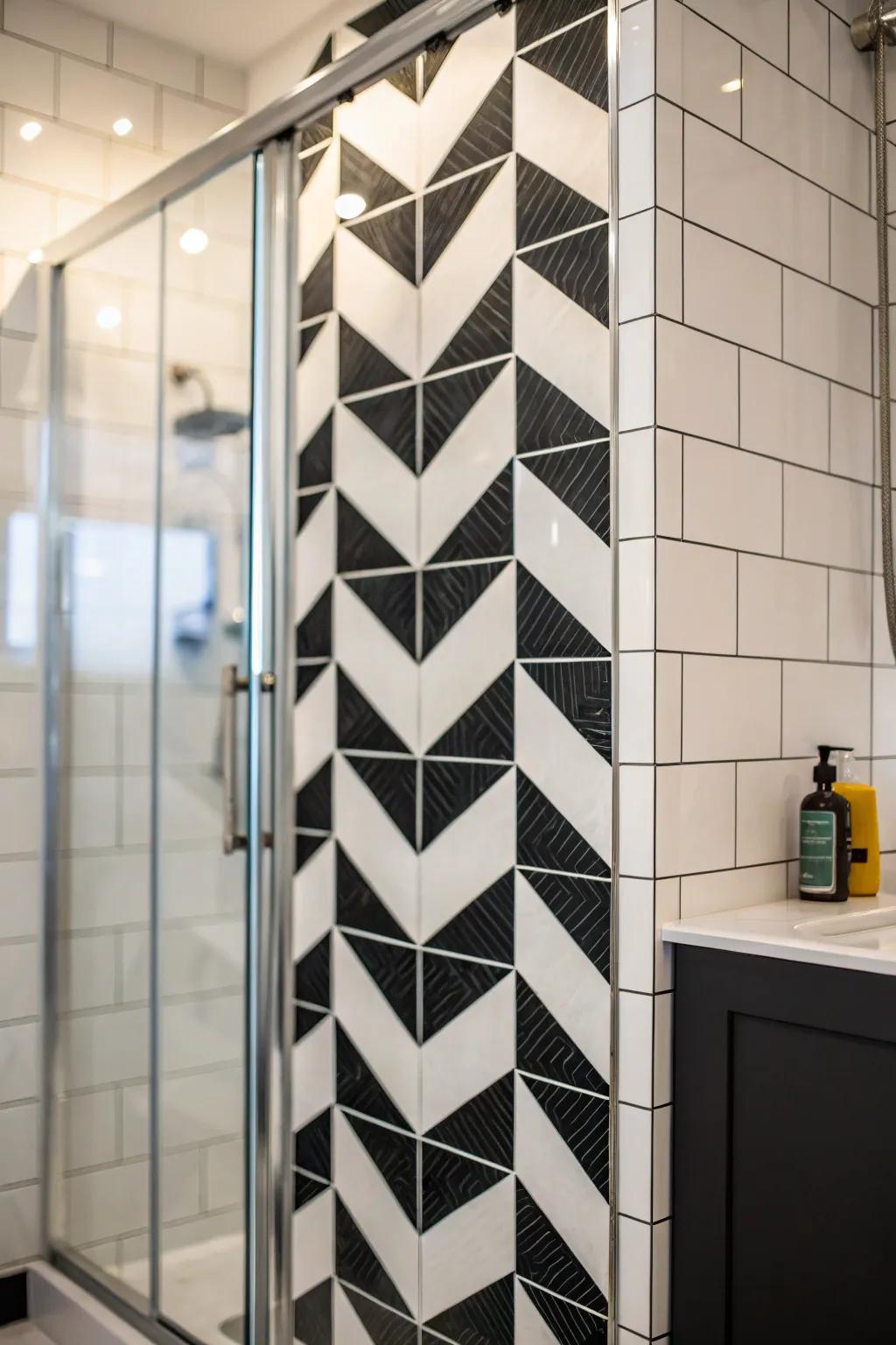Striking high-contrast creates a dramatic and eye-catching shower design.