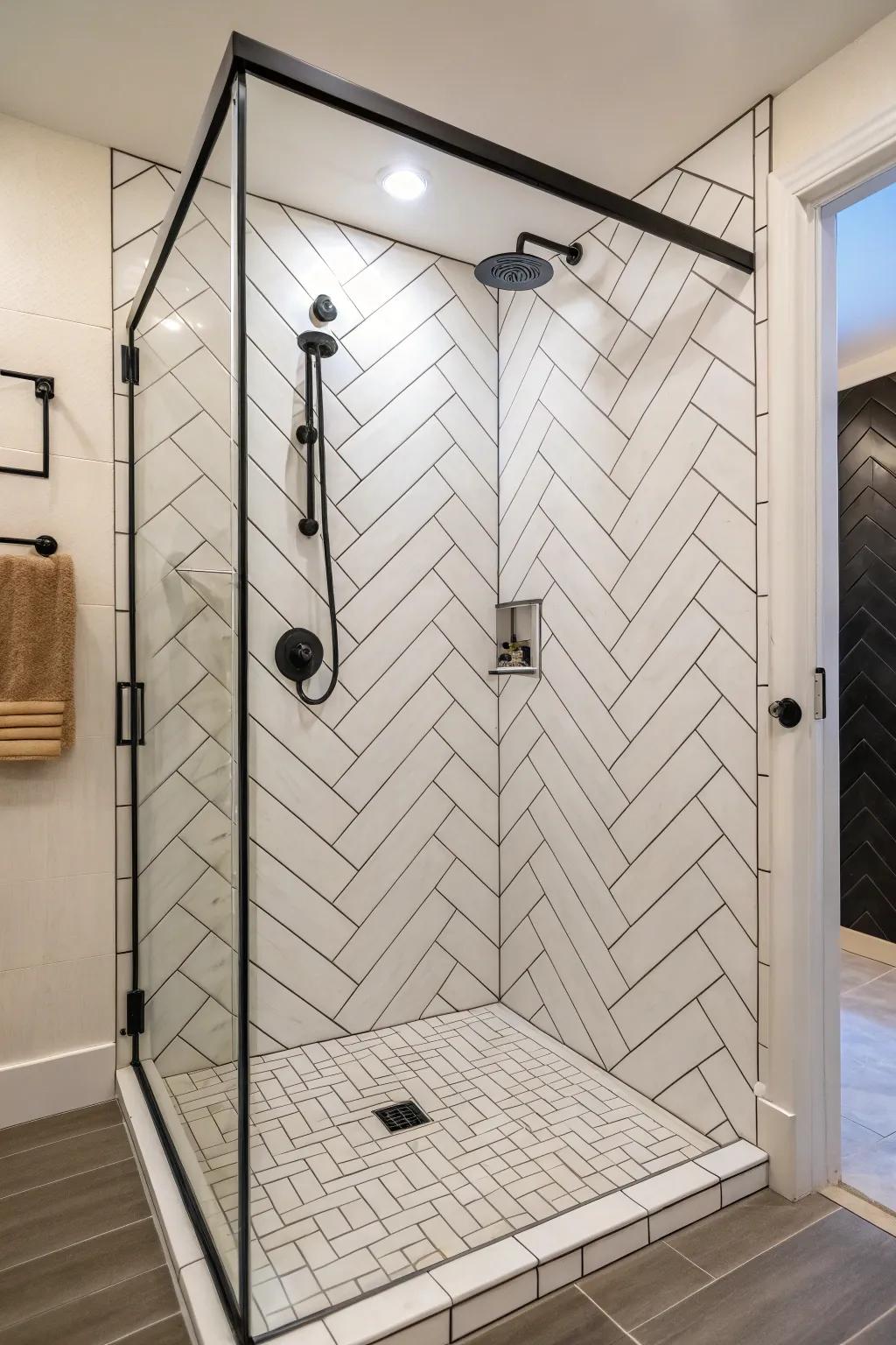 Angled tile configurations add dynamic movement to your shower.