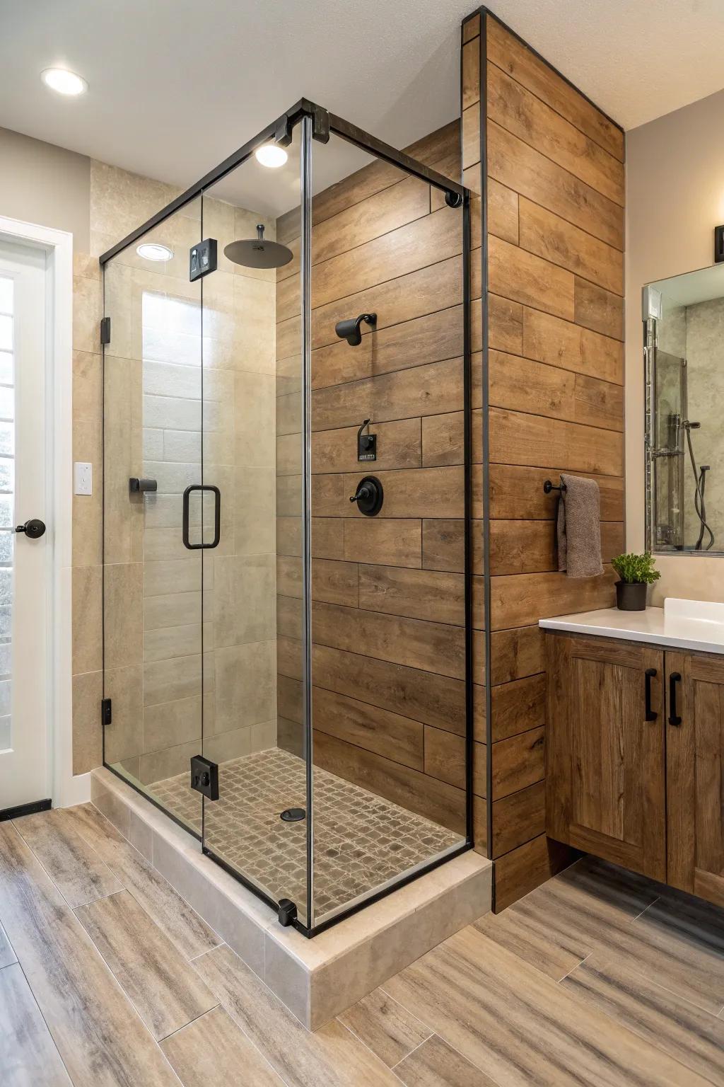Simulated wood tiles infuse warmth and coziness into your corner shower.