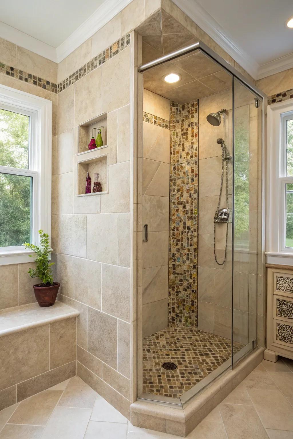 Mosaic tiles offer an artistic touch to your shower.