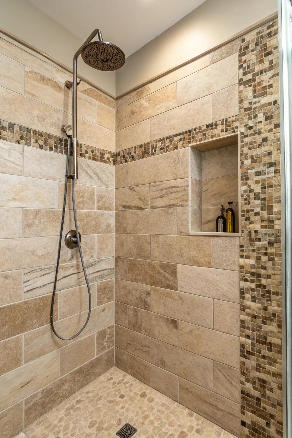 Earth-inspired tiles bring a sustainable and stylish touch to your shower.