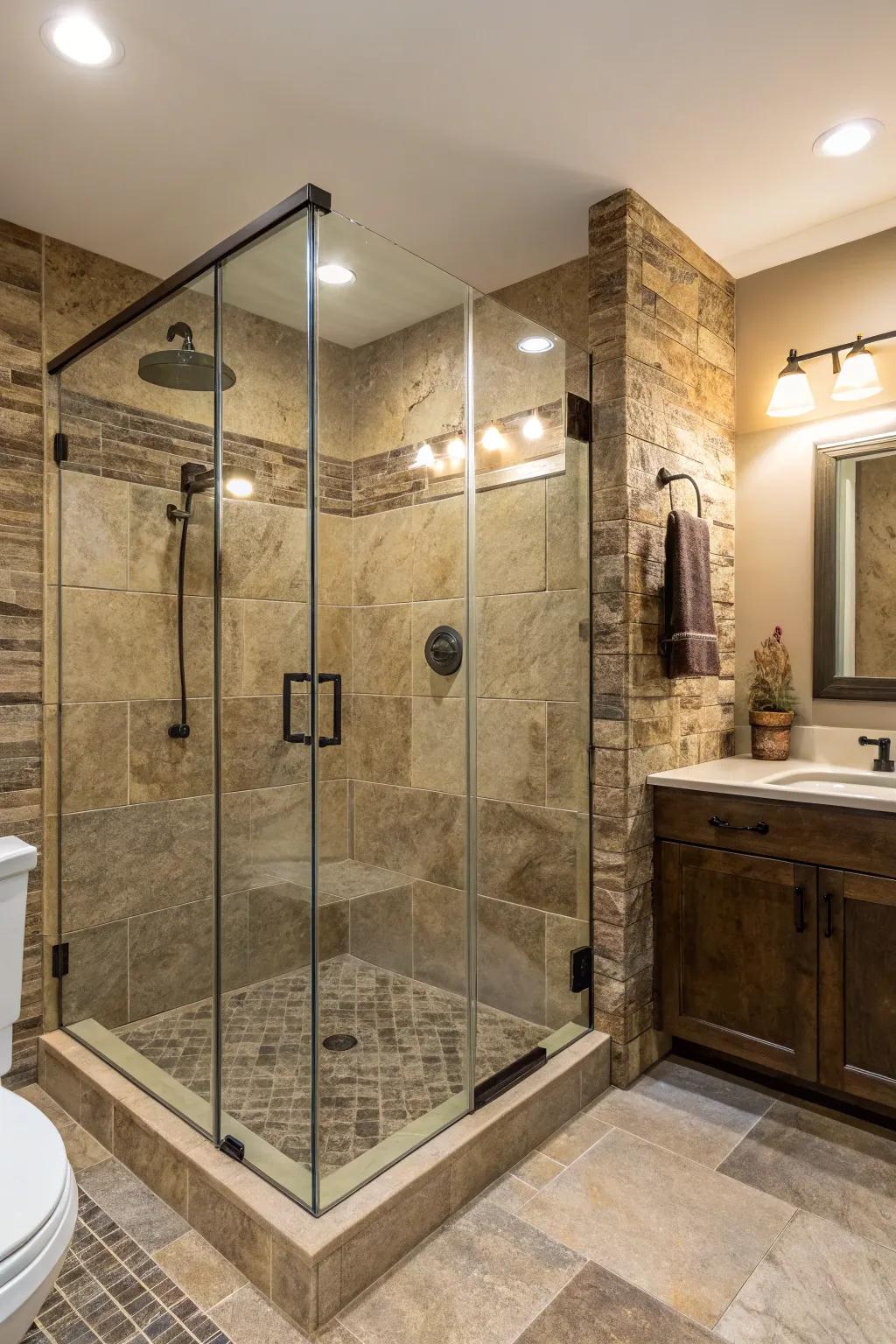 Genuine stone finish bring earthy elegance to your shower.