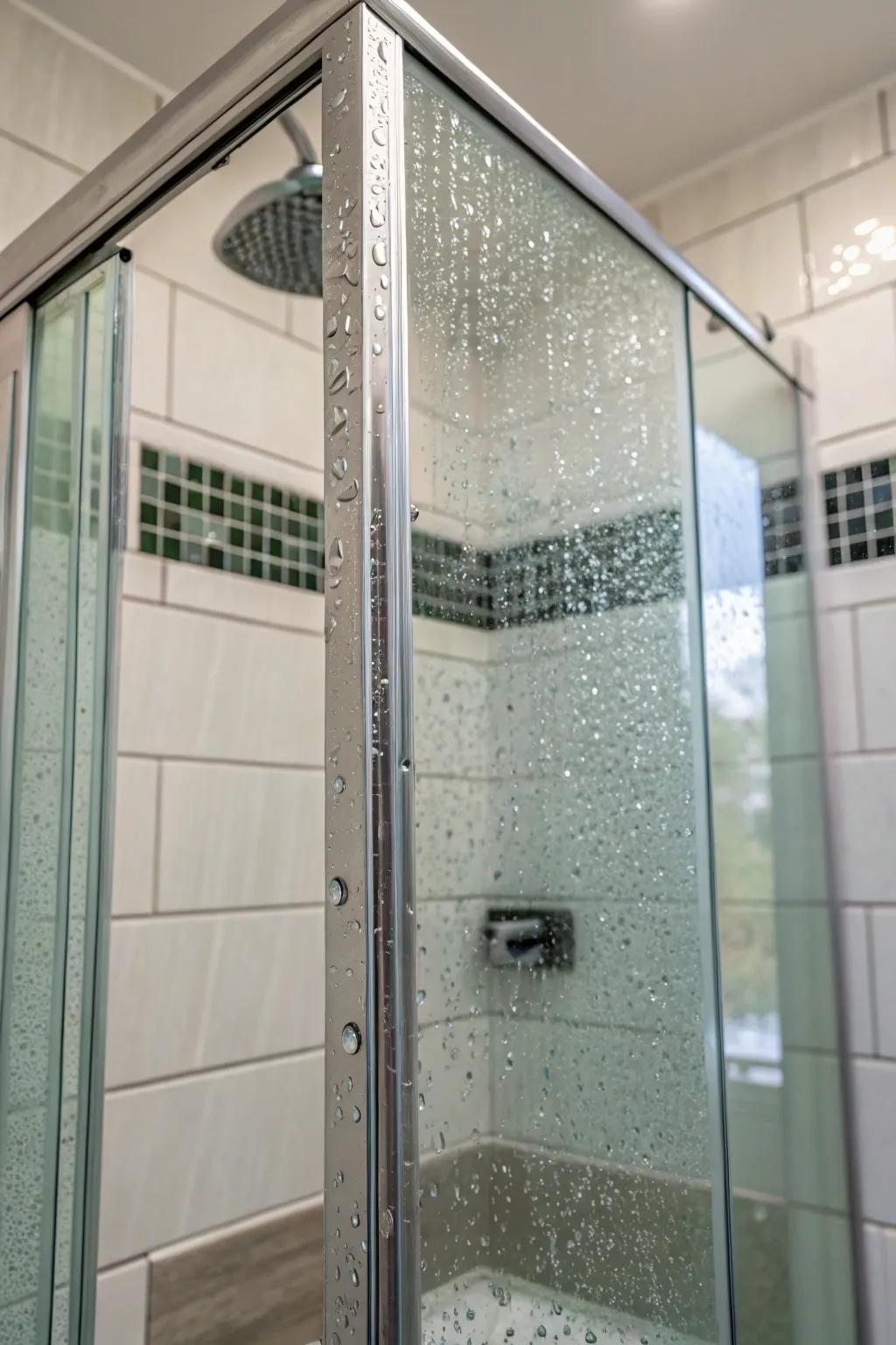 Clear shimmer tiles enhance brightness and luxury in your shower.