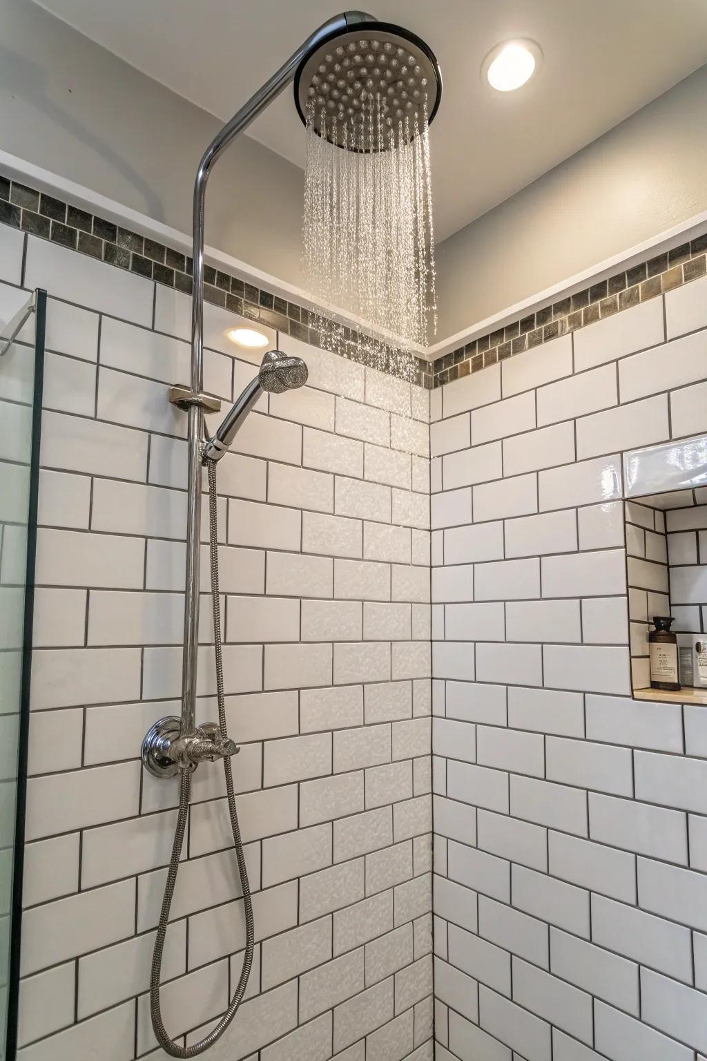 White rectangular tiles introduce an enduring sophistication to your corner shower.