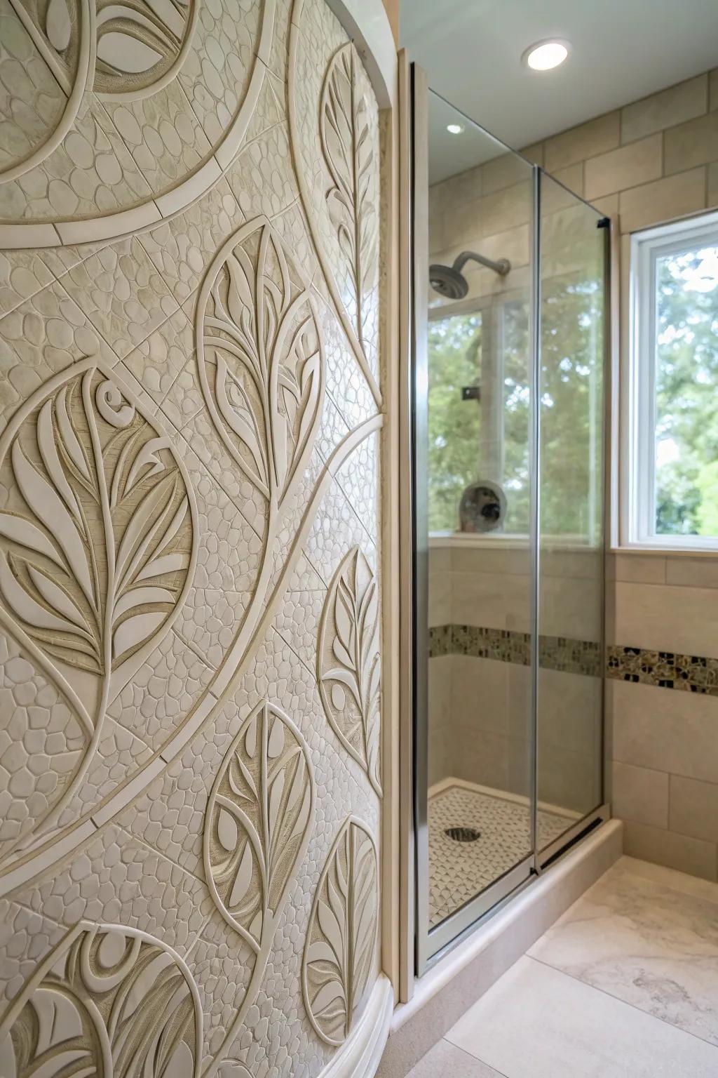Rounded tiles create an organic and unique shower design.