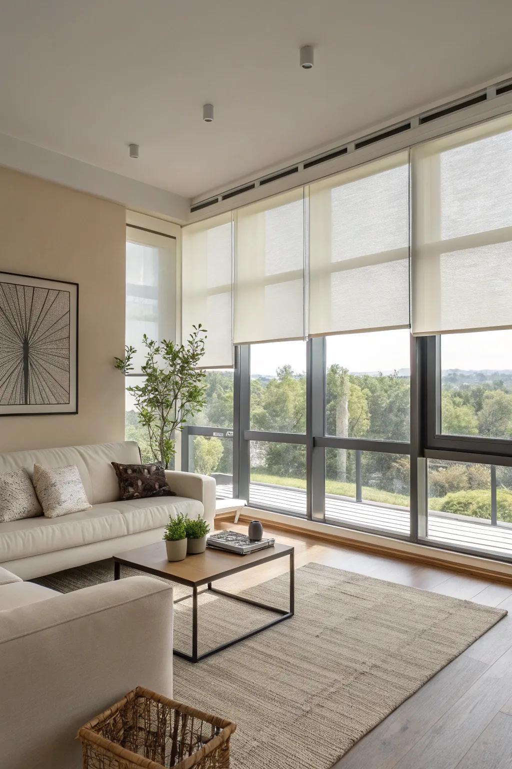 Roller shades offer a streamlined, minimalist appearance.