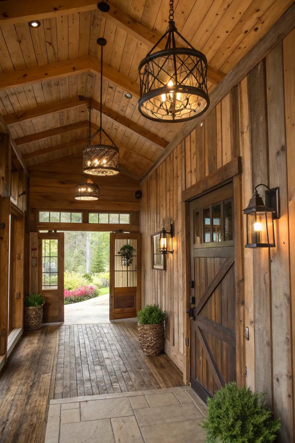 Barn timber fixtures greet visitors with warmth and style within this entryway.