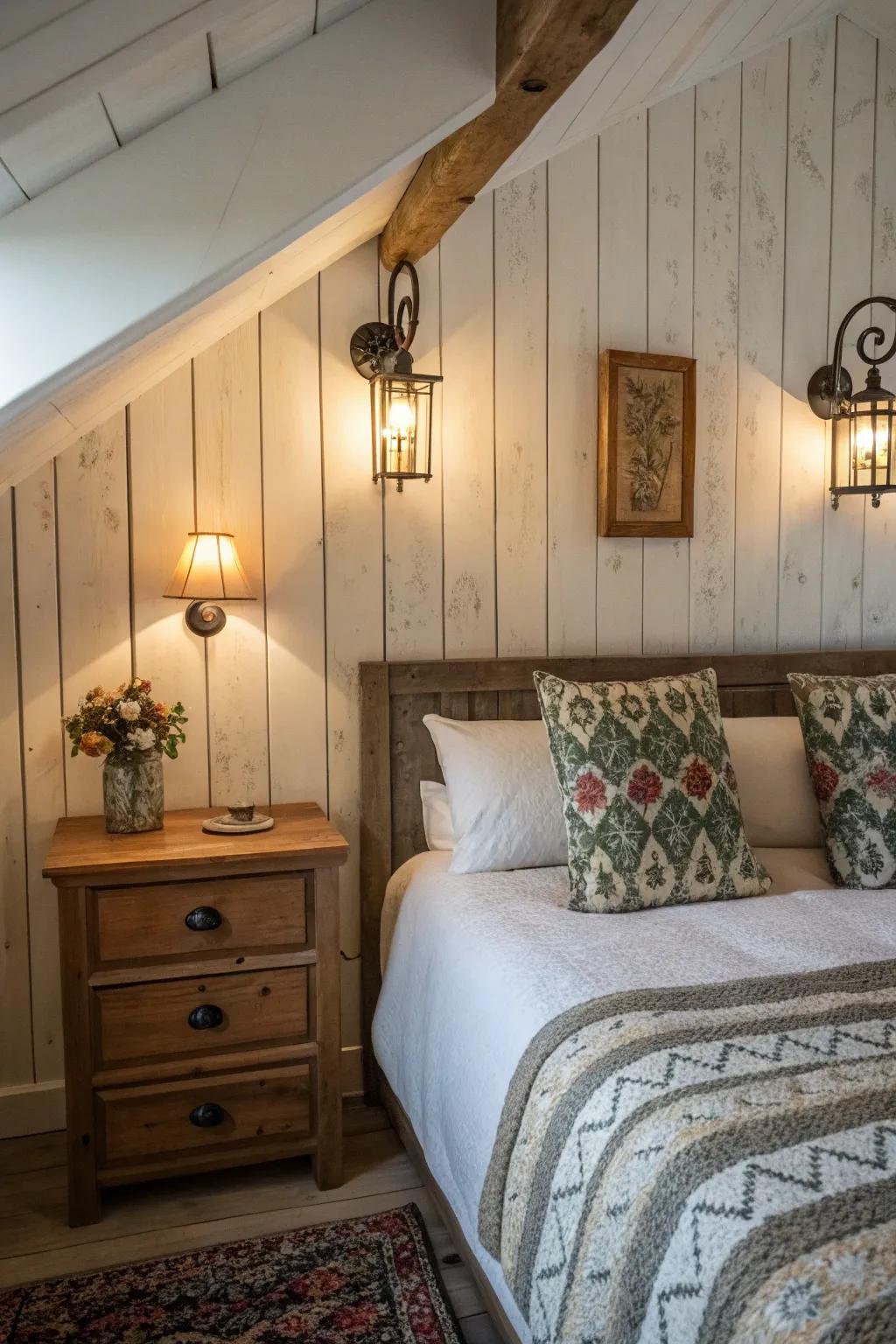 Gentle wall lights contribute a snug element to this cottage-inspired bedroom.