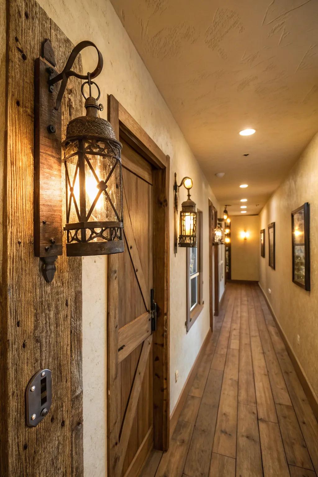 Country wall lights discreetly enhance this foyer.