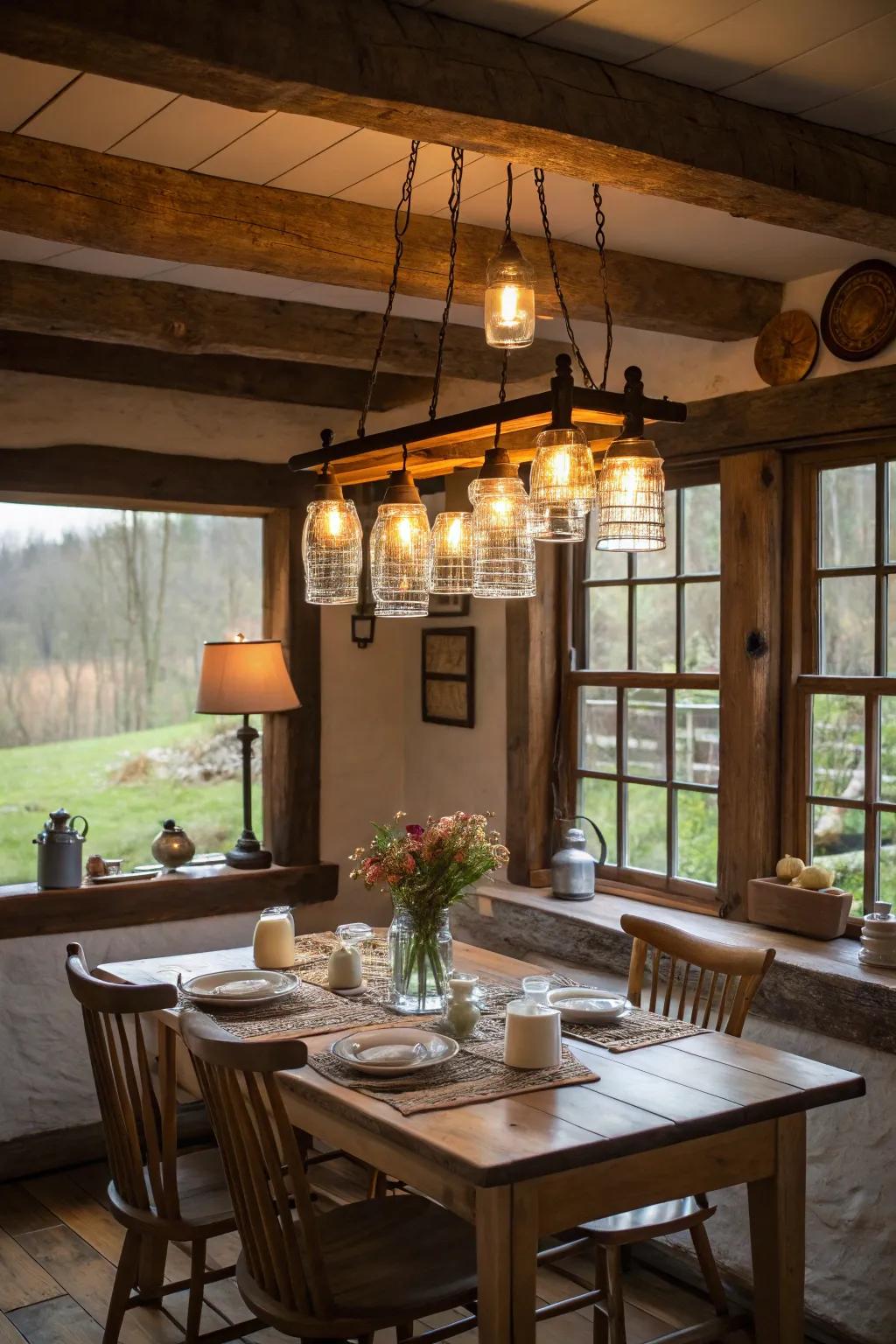 A Conserved-fruit-container chandelier contributes country whimsy to this breakfast nook.
