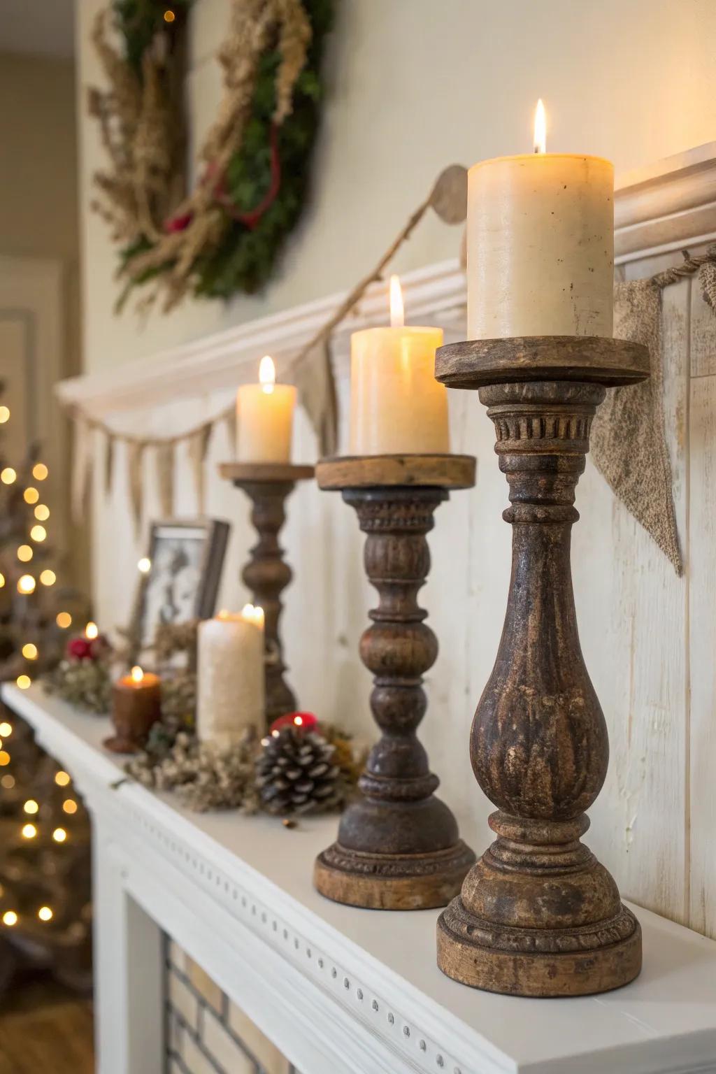 Country candle holders fashion a flickering ambiance atop this mantel.