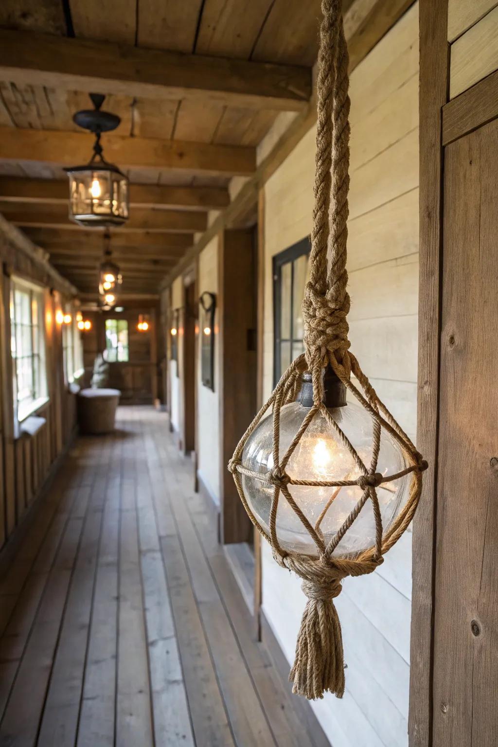 Glass and rope components beget an industrial country aesthetic within this foyer.