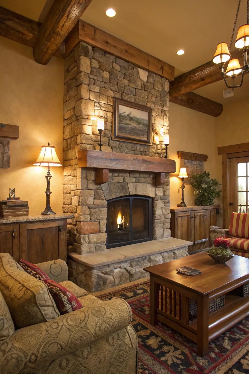 The stone fireplace, along with inviting illumination, crafts a cozy, cabin-like atmosphere.