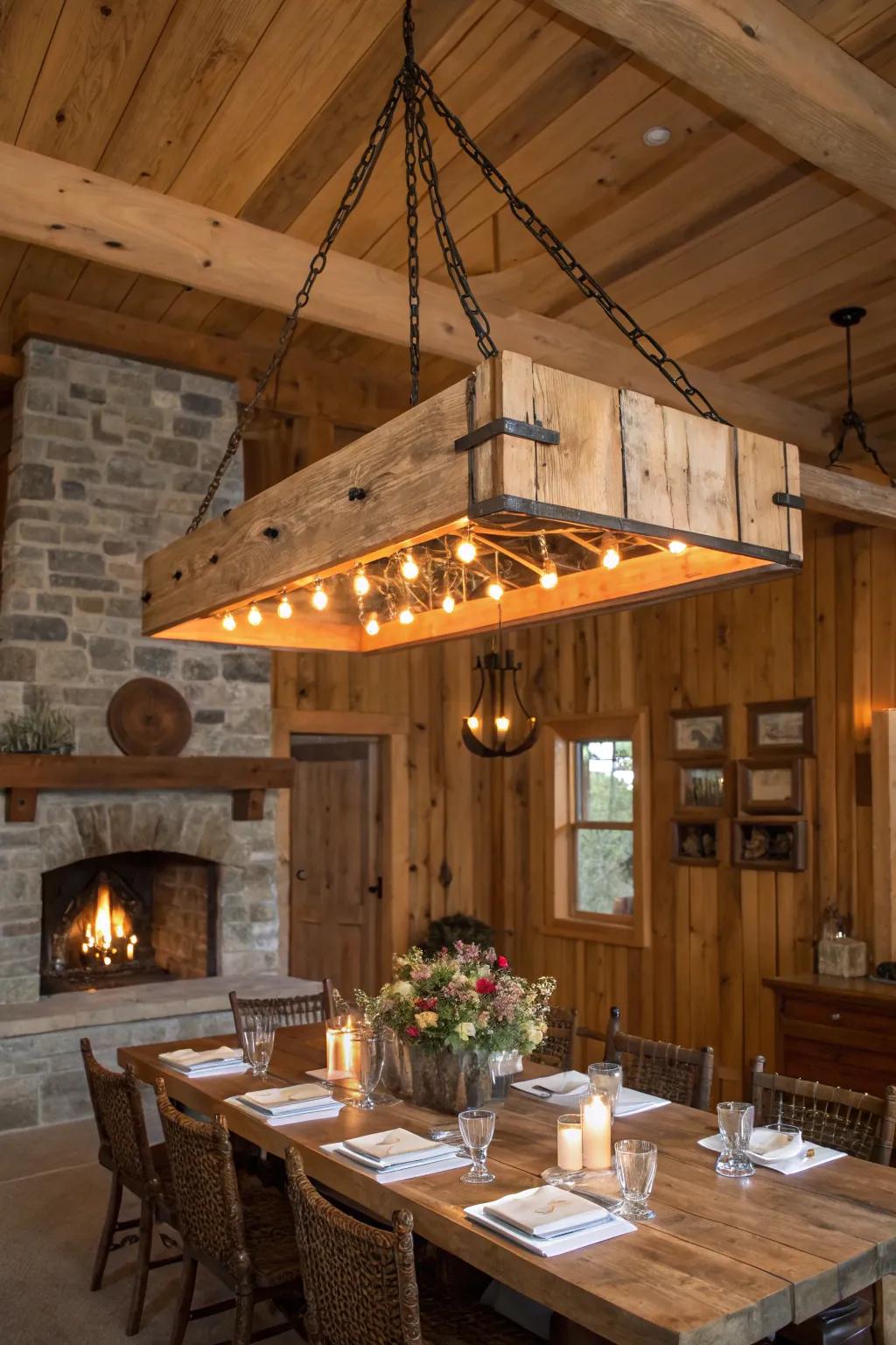An exquisite timber beam chandelier lends a rustic sophistication to this dining setting.