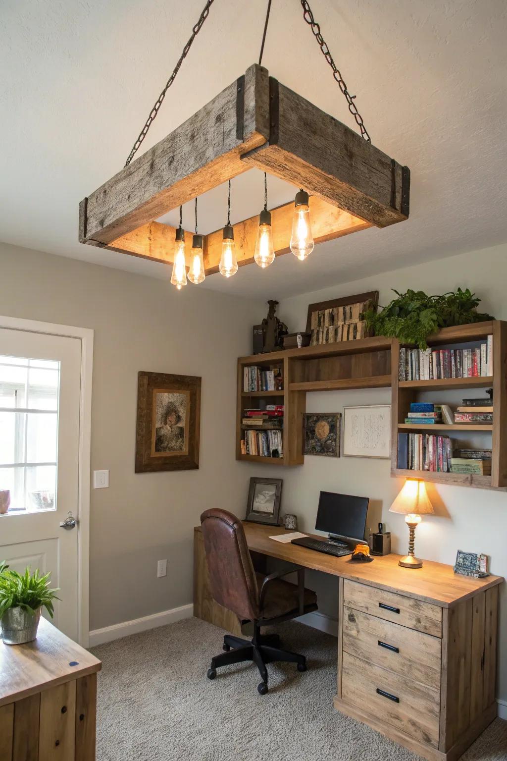 A bespoke fixture crafted from salvaged timber introduces a distinctive touch to this home office.
