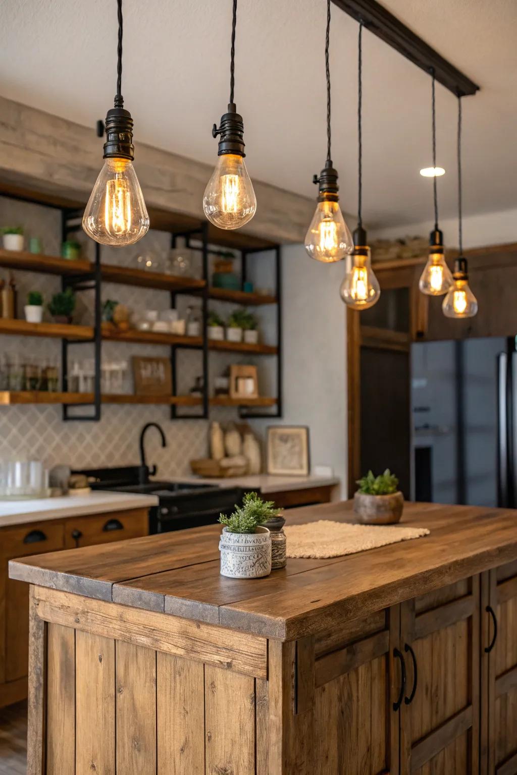Filament bulb pendants foster an inviting and snug kitchen ambiance.