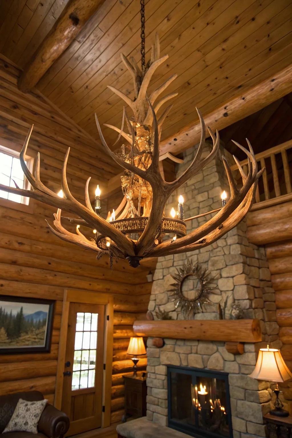 Illumination inspired by antlers infuses a singular charm into this country cabin.
