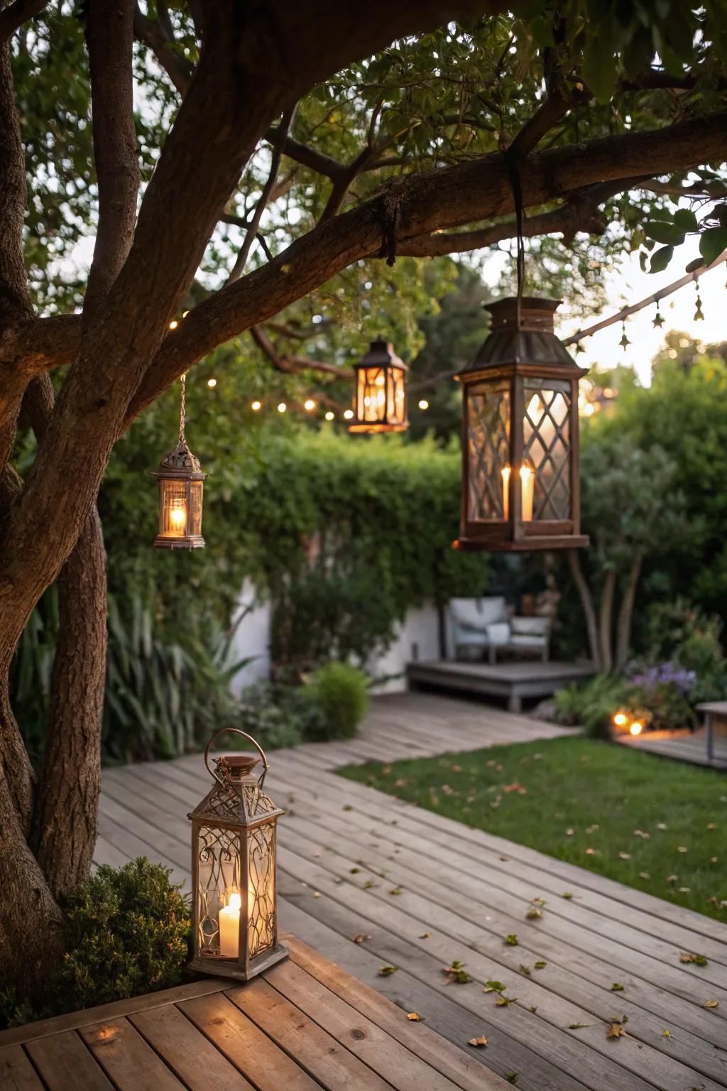 Exterior lanterns conjure a bewitching atmosphere on this deck.