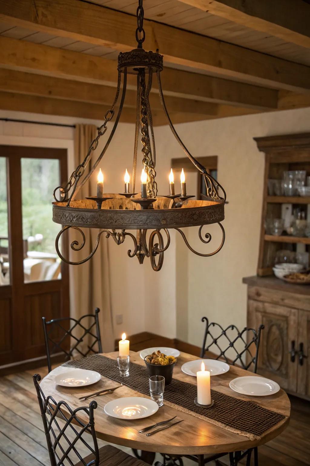 Wrought iron illumination elevates the country dining experience.