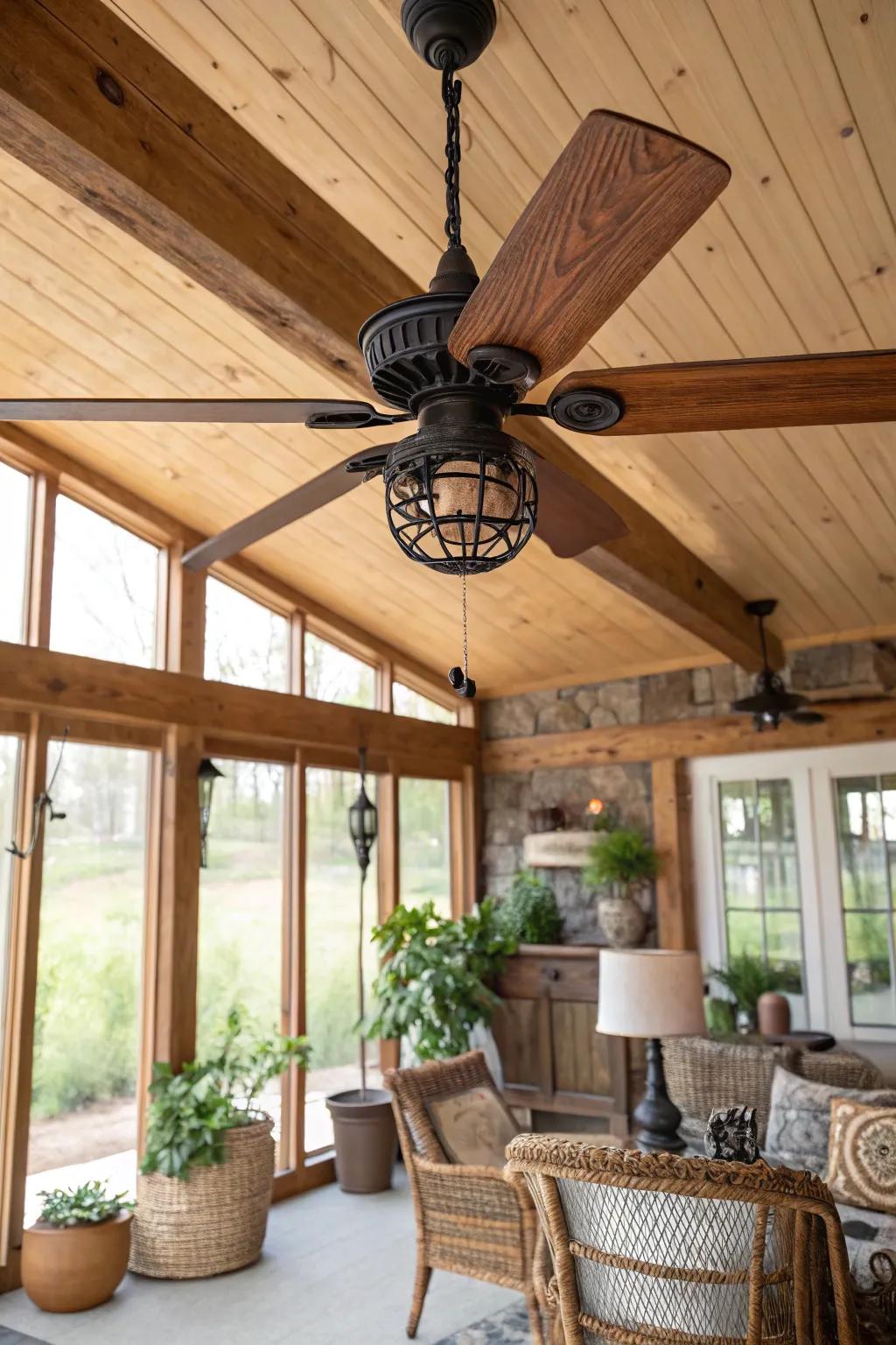 An iron and timber ceiling fan flawlessly complements the country sunroom.