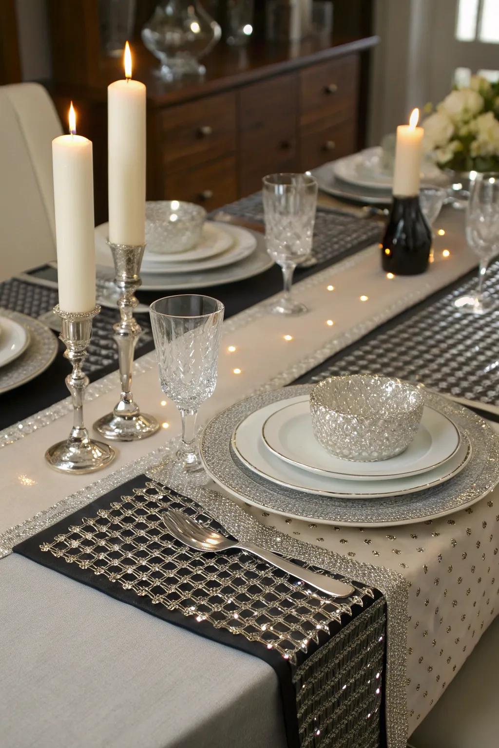 Grid pattern crystals enhance dining elegance.